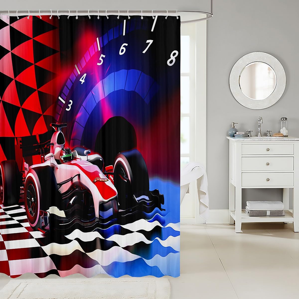 Feelyou Sport Car Shower Curtain with Hooks Race Car Decor Fabric Bathroom Shower Curtain Racing Kids Waterproof Shower Curtains Black White Geometric Lattice Automobile Printed Curtain,72Wx72L Inch