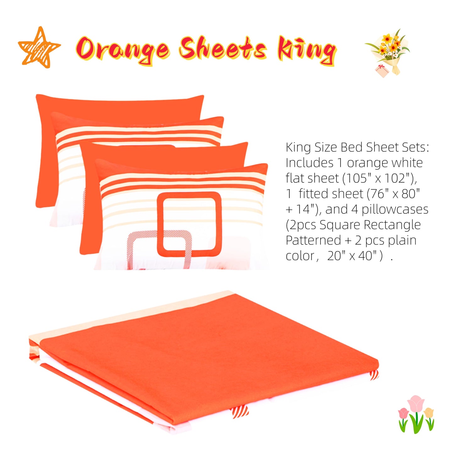 6Pcs Bed Sheet Set King Size, Orange White Geometric Soft Microfiber Bedding Sets with 1 Square Rectangle Patterned Sheet 1 Deep Pocket Fitted Sheet and 4 Pillowcases