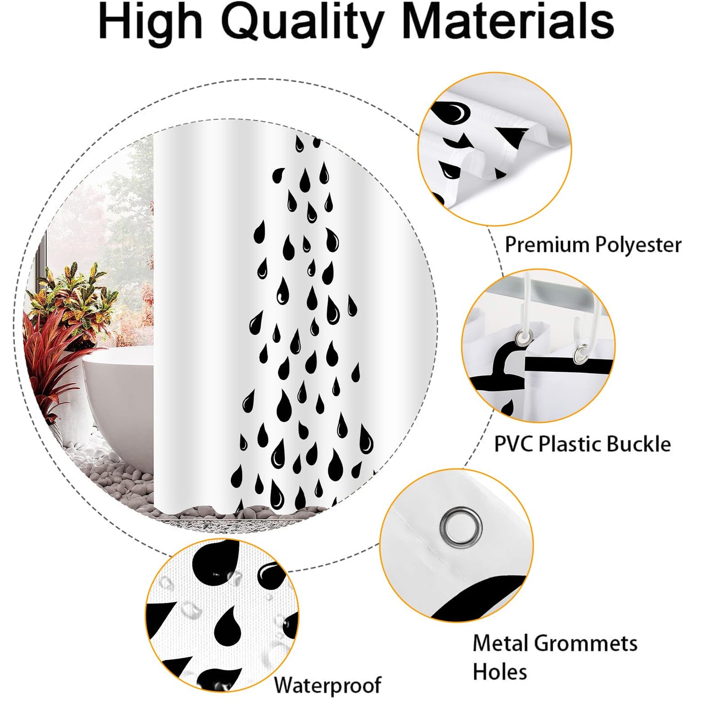 Emwnodti Cute Funny Raindrop Shower Head Shower Curtain, Black White Water Droplets Modern Minimalis Bathroom Decor, Polyester Fabric Waterproof Bath Curtain Accessory Set with 12 Hooks 72x72 inch