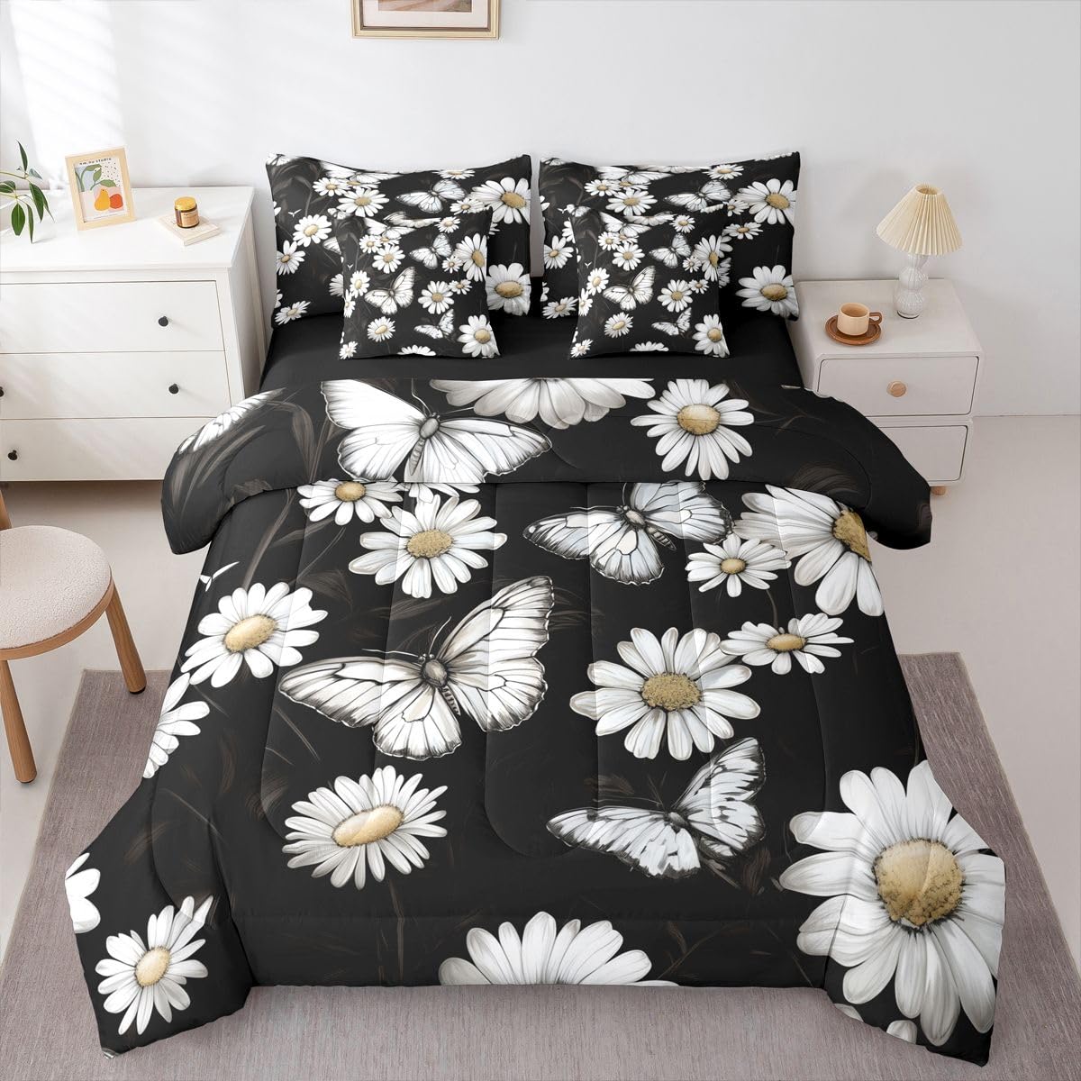 Erosebridal Daisy 7 Piece Bedding Set Twin Butterfly Comforter Set with Sheets Princes White Flowers Petal Plants for Kids Boys Girls Cute Oil Painting Modern Art Bed in a Bag