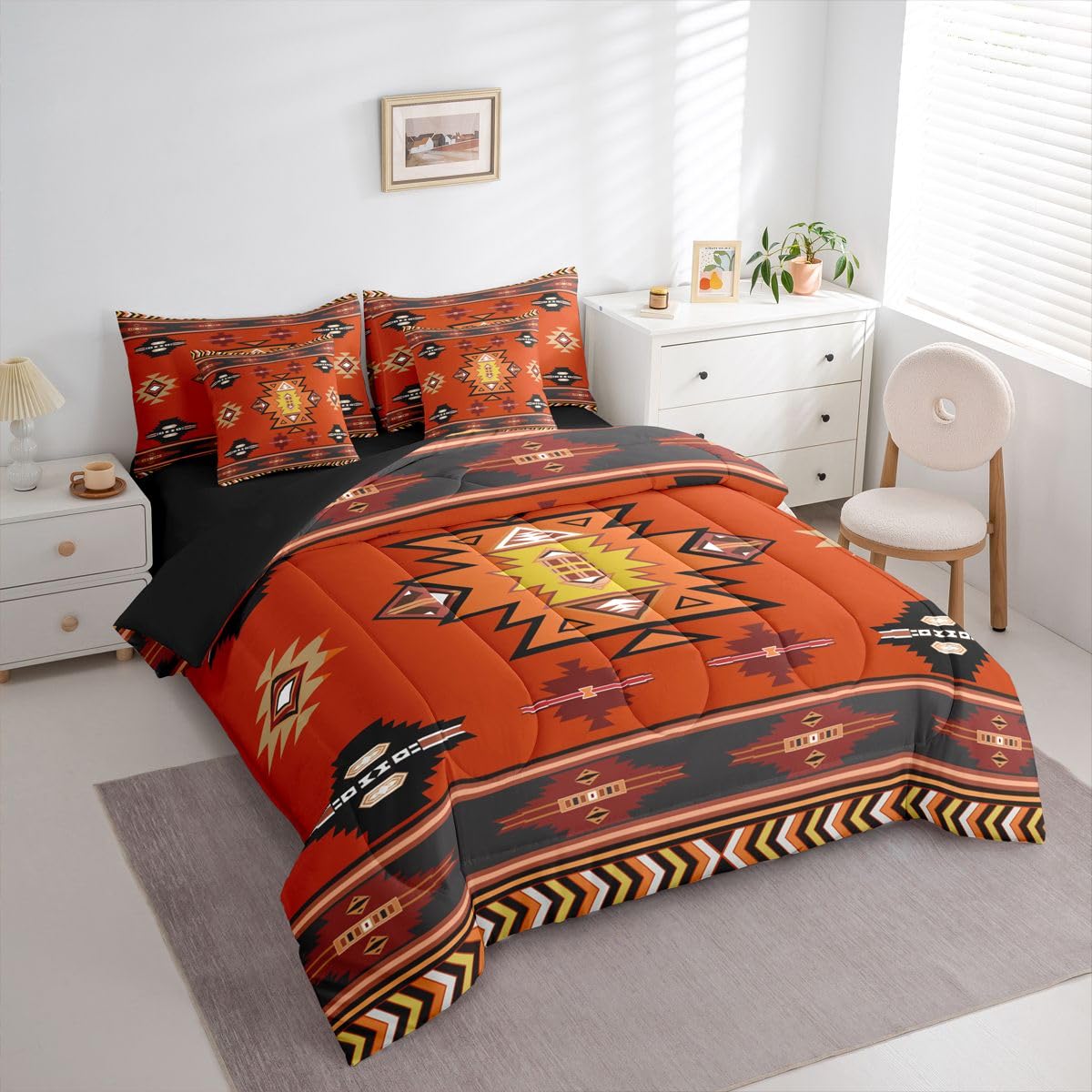Erosebridal Western Twin Comforter Set with Sheets | Boho Decor Geometric 7 Piece Bedding Set Bohemian Aztec Bed in a Bag, Ethnic Tribal Arrow Room Decor,Red