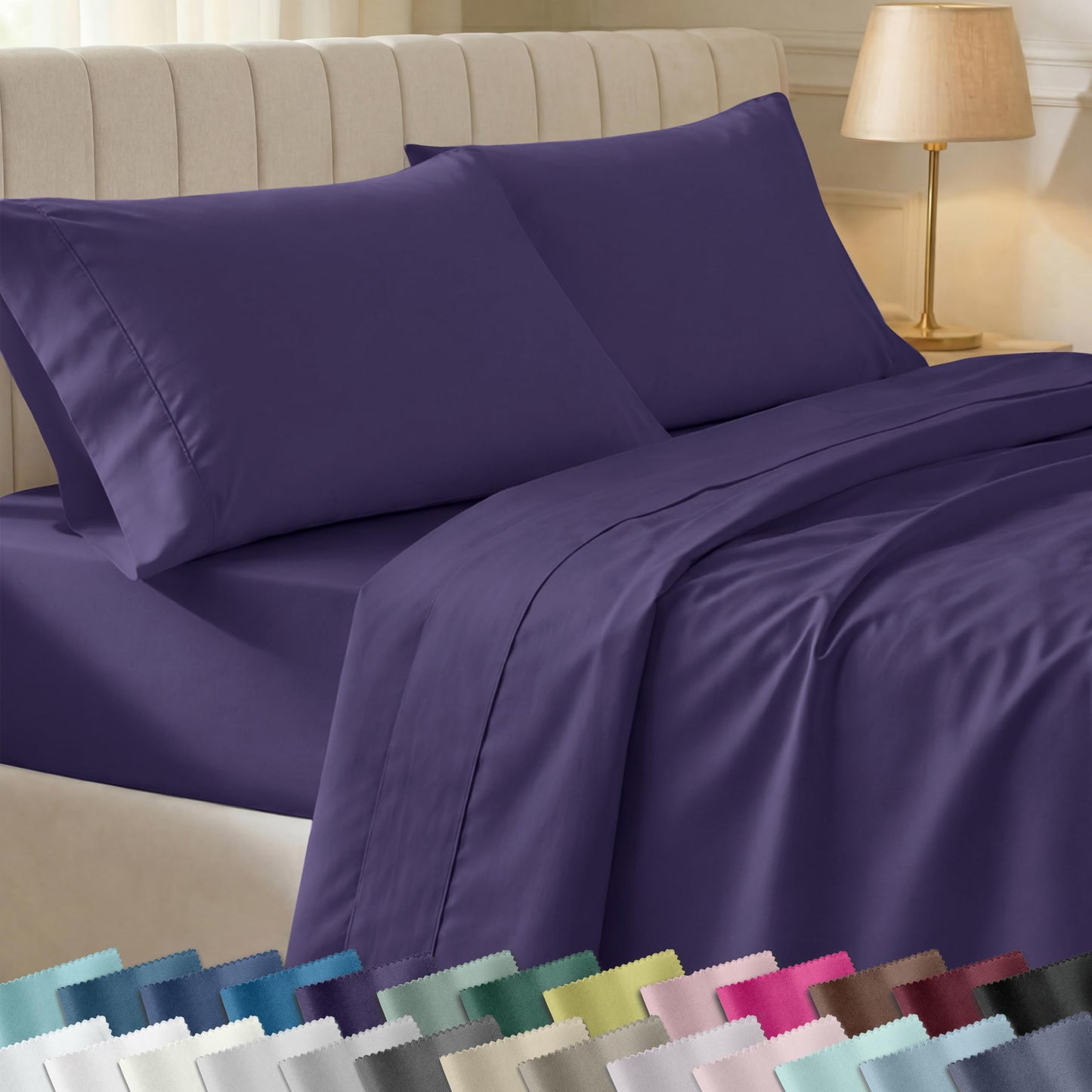 California Design Den Soft Queen Size Cotton Sheet Sets, 400 TC Good Housekeeping Award Winner, Silky Smooth Sateen Weave with Deep Pockets, Breathable and Durable Queen Bedding Set - Purple