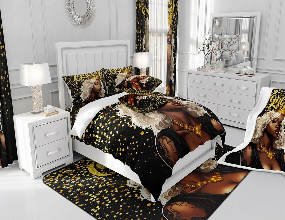 Black Girls Duvet Cover Set Queen Size,African Style American Fashion Woman Comforter Cover,Golden Glitter Queen Crown Bedding Set Teens Men Adult Room Decor,Modern Black Quilt Cover,2 Pillowcases