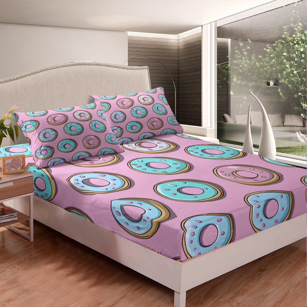 Feelyou Pink Donuts Bed Sheets Set Girls French Macarons Bedding Queen Size Includes 1 Fitted Sheets & 2 Pillowcases (No Flat Sheet)
