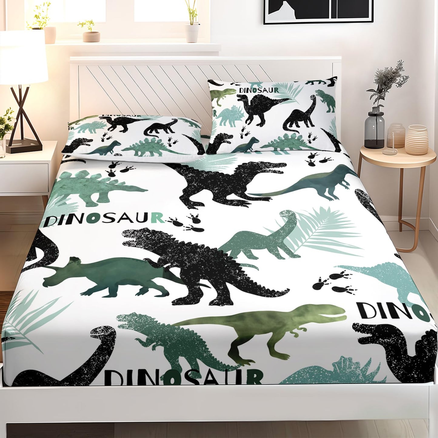 AILONEN Dinosaur Kids Fitted Sheet Set, Black and Green Dinosaur Bed Sheet Set, Soft Fitted Sheet with 2 Pillowcases for Boys