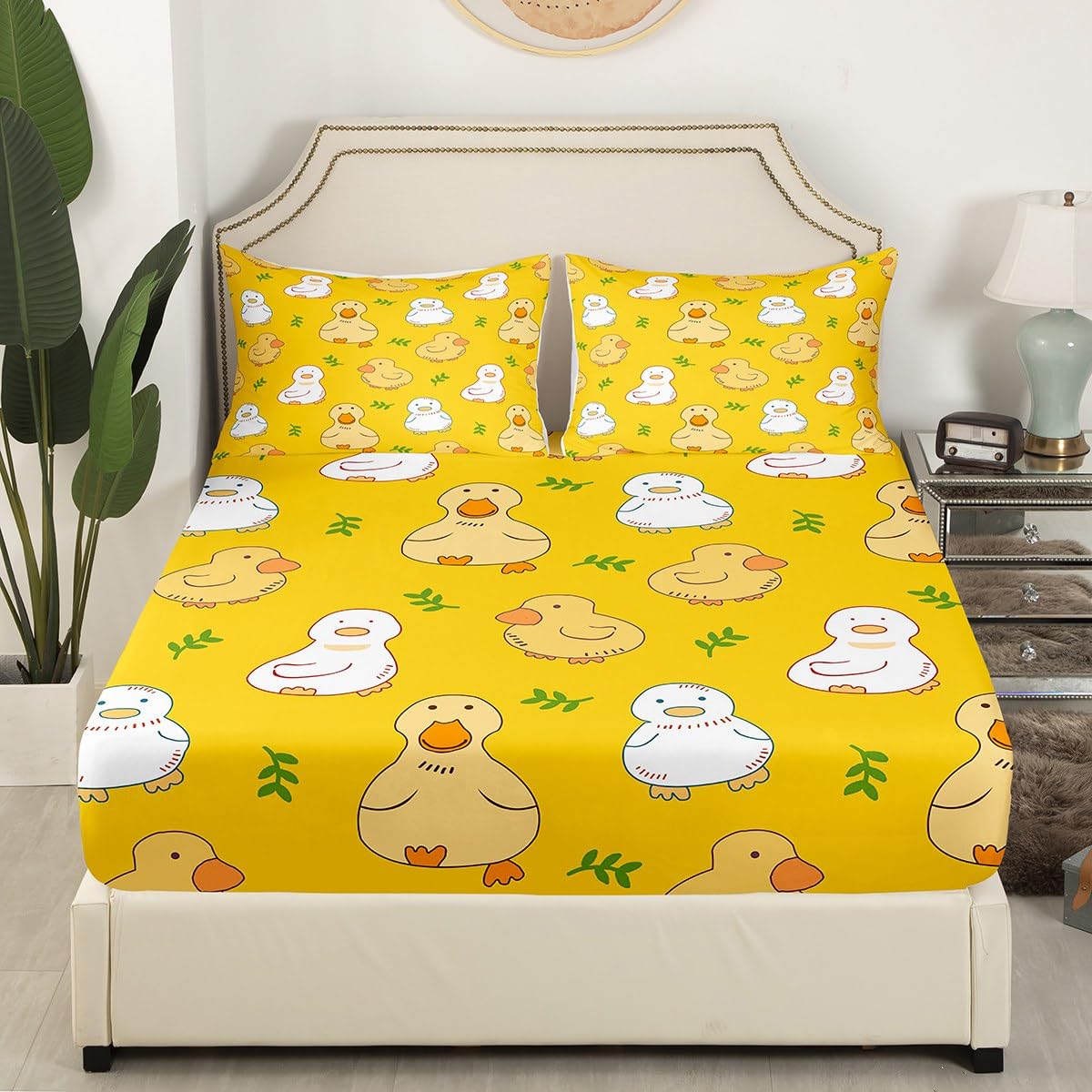 Erosebridal Cartoon Duck Bed Sheets for Kids Boys Girls,Kawaii Yellow Duck Sheet Set,Cute Hand Drawn Goose Bedding Set Full,Lovely Farmhouse Animal Fitted Sheet + Flat Sheet + 2 Pillow Shams