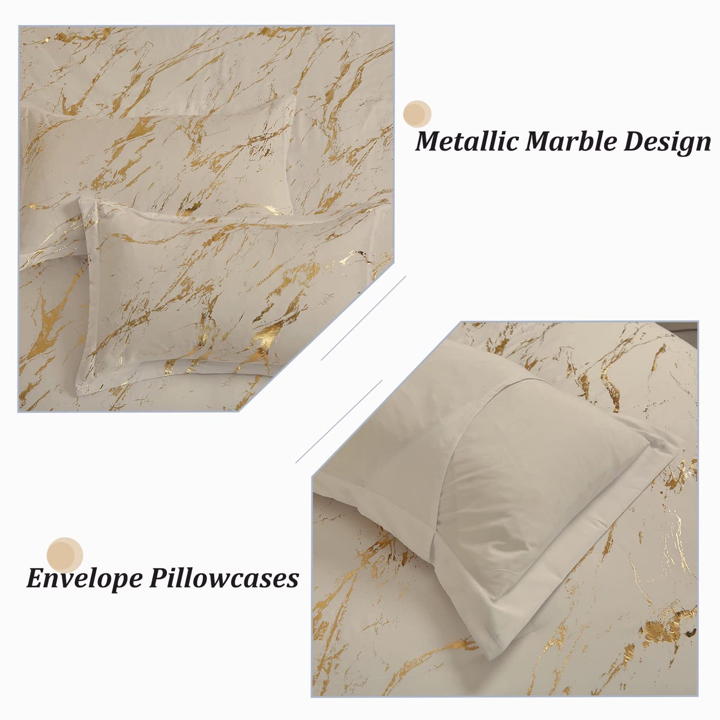 WONGS BEDDING Khaki Gold Metallic Marble Comforter Set Queen Foil Print Glitter Bedding Sets with 2 Pillowcases for All Seasons, Soft Microfiber Filling Bedding Duvet Set 90"x90"