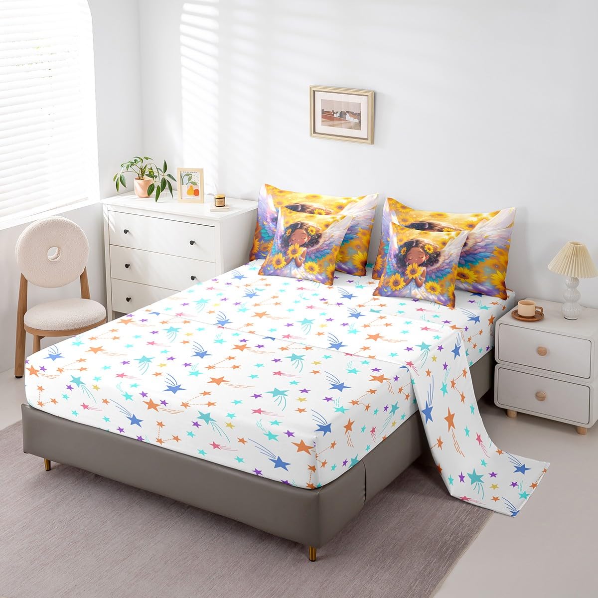 Castle Fairy Girlish Angel Bedding Set,Blooming Sunflowers Twin Comforter Set with Sheets for Kids Girls Teens Room Decor,Dreamy Angel Wings Bed in a Bag 7 Piece for Bedroom Living Room