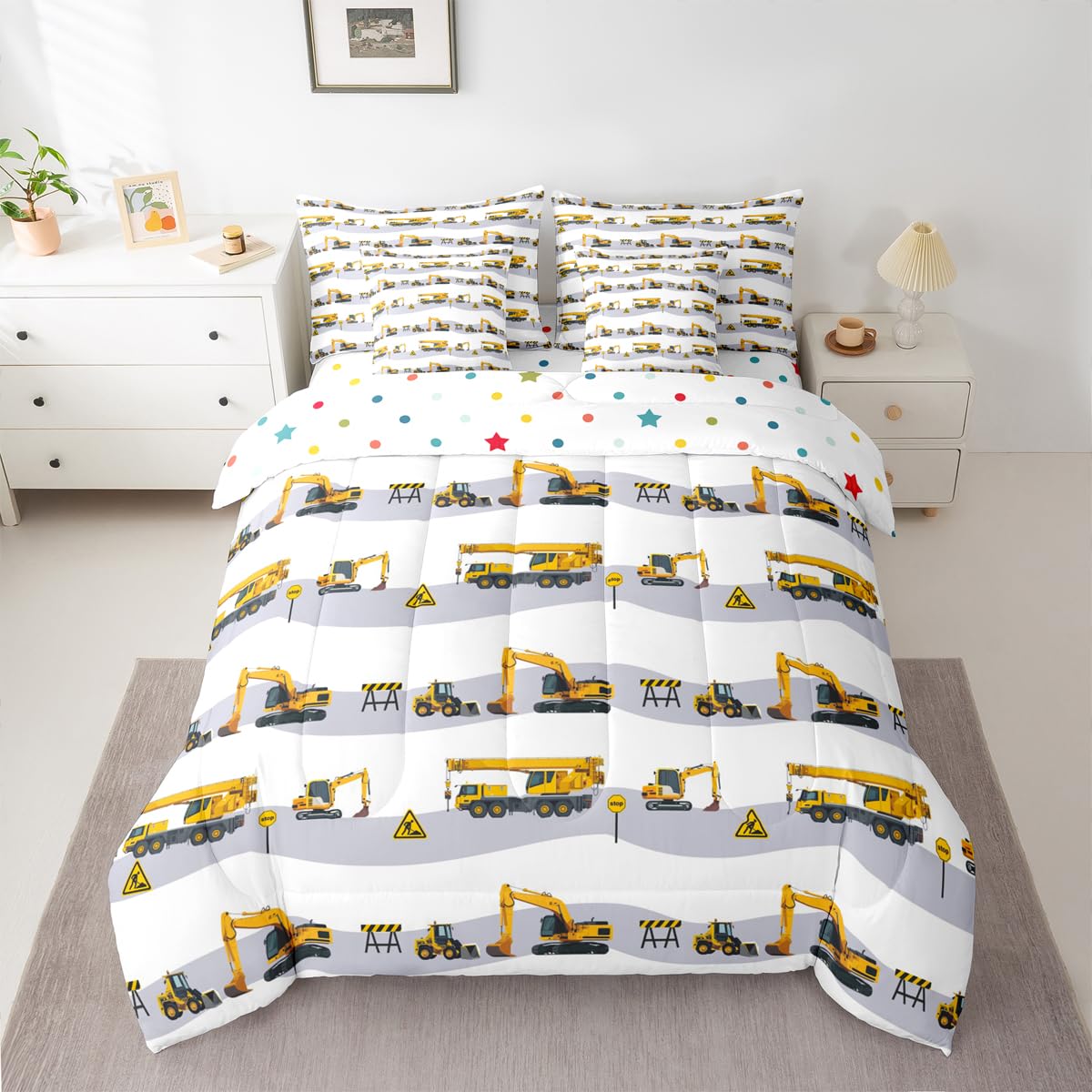 Erosebridal Cartoon Car Comforter Set with Sheets Twin Size Truck Excavator Bed in A Bag 7 Piece Yellow Tractor Bedding Set for Kids Boys Children Bedroom Construction Vehicle Bulldozer Bed Sets