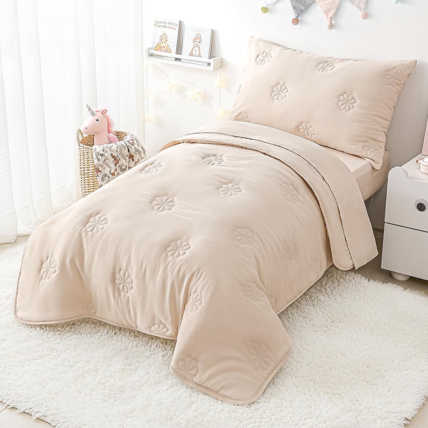 DreLunis 4-Piece Toddler Bedding Sets for Girls Boys, Soft Microfiber Floral Embroidery Toddler Bed Comforter Bed-in-a-Bag Includes Comforter, Flat Sheet, Fitted Sheet, Envelope Pillowcase, Beige