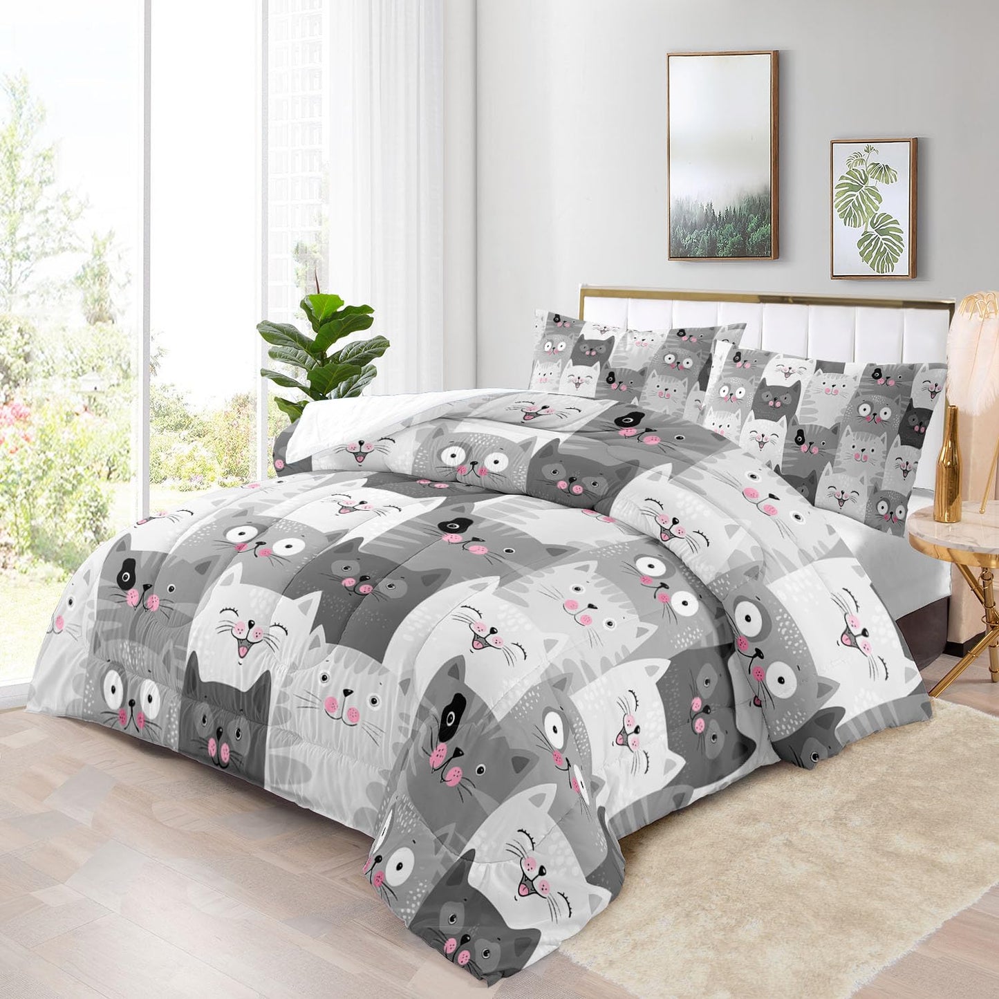 Raphus cucullatus Girls Twin Comforter Set Cat,Kawaii Cat Twin Bedding Sets for Girls,Cute Comforter Sets Twin Size Bed,Kids Animal Print Bedding Set,Girl Grey Bedding 3 Piece Twin Bed Set