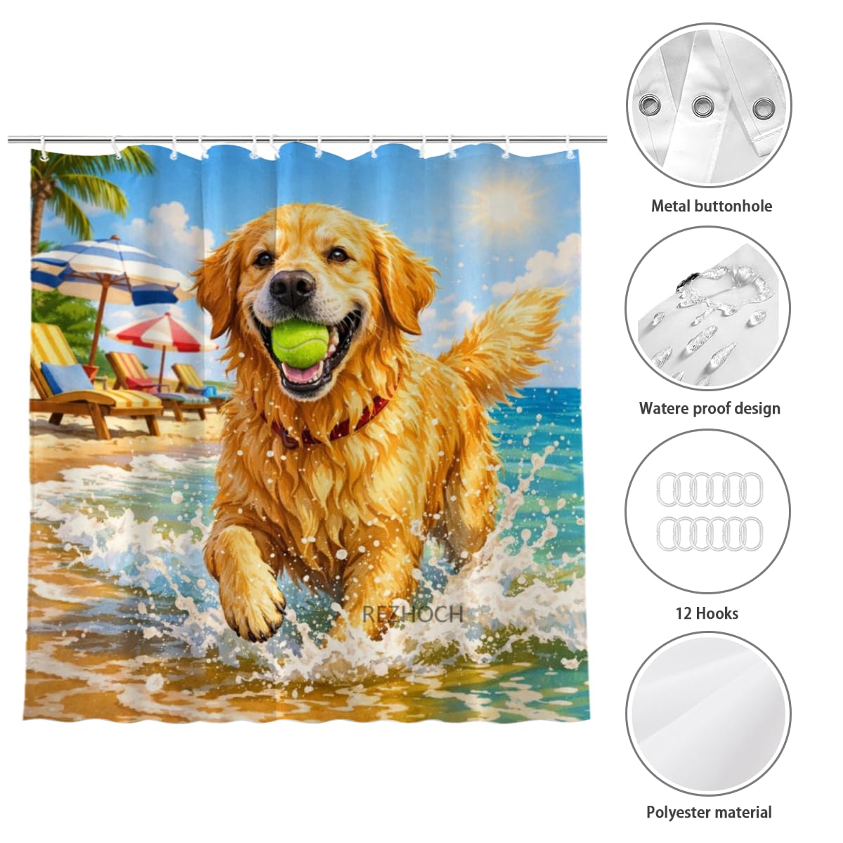 REZHOCH Fun Beach Dog Shower Curtain 72x72Inch, Cute Golden Retriever on Sunny Ocean Beach,Coastal Home Bathroom Decor,Summer Seaside Animal Art Waterproof Fabric Bath Set with Hooks