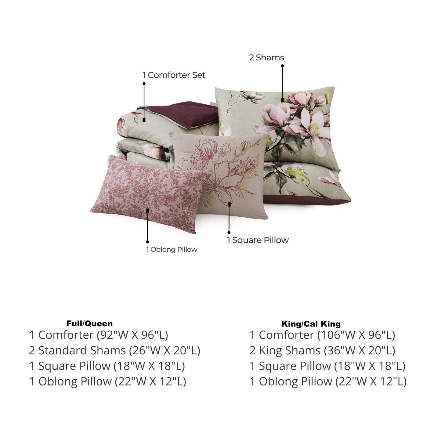 Bebejan Purple Lilies 100% Cotton Sateen 5 Piece Comforter Set, Purple Floral Reversible Bedding Comforter Set, 1 Comforter, 2 Shams & 2 Pillows (King/Cal King)