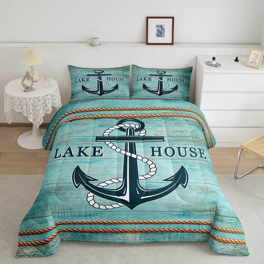 Manfei Anchor Comforter Set Queen Size, Nautical Theme Blue Wooden Plank Down Comforter with 2 Pillowcases, Lake House Bedding Set 3pcs for Kids Boys Teen Bedroom Decor Lightweight Duvet Insert