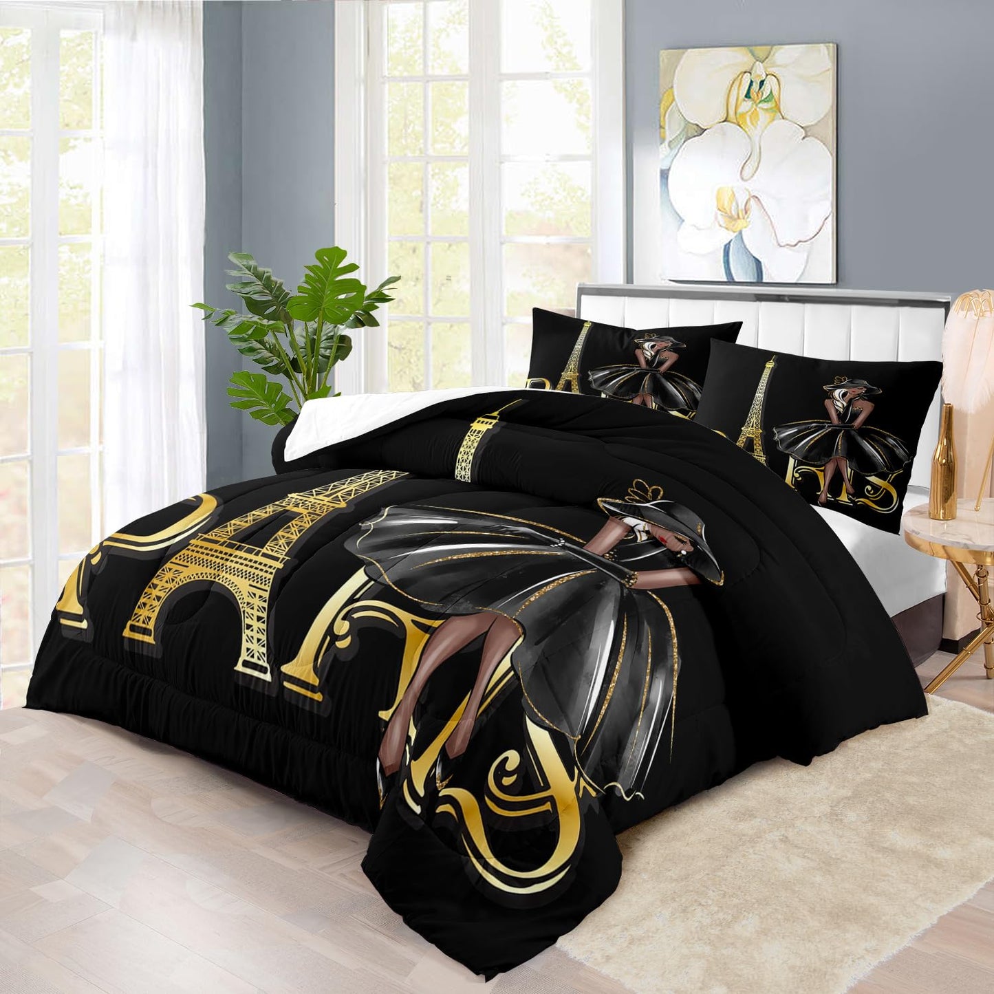 llyxsesty Paris Comforter Set Queen Fashion Girl Comforter for Couple Paris Bedding Set Girls Gold Eiffel Tower Bedding Women Boho Quilt Fashion Aesthetic Room Decor Elegant Home Decor
