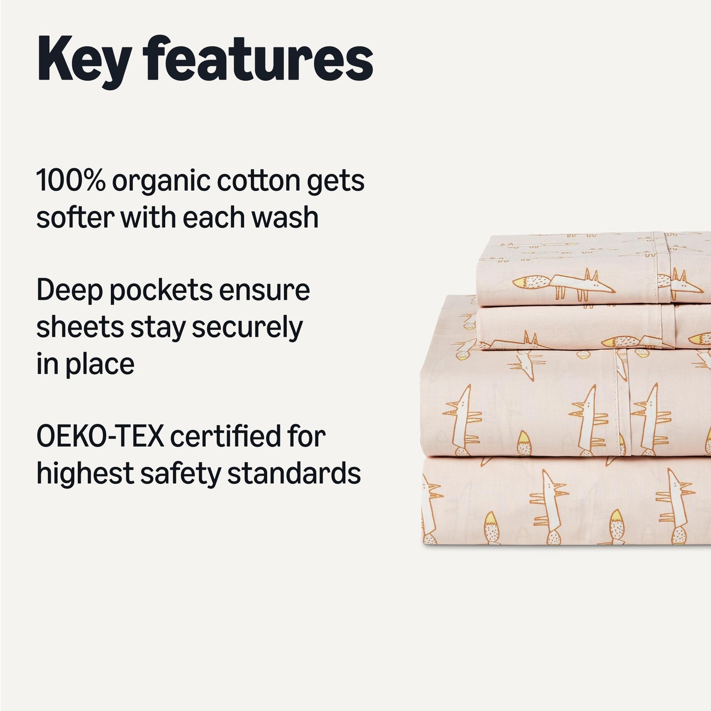 Amazon Basics 100% Organic Cotton Kids' Sheet Set with Pillowcase, Full Size, Pale Pink Fox