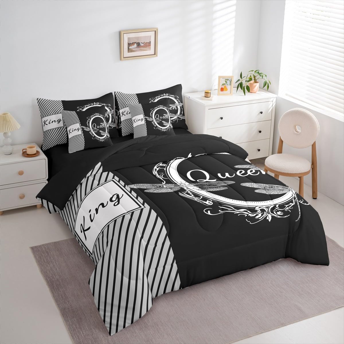 Dragonfly Bed in a Bag Queen Comforter Set 7 Piece,King and Queen Bedding Sets Couples Gifts for Men Women Black and White Comforter and Sheet Set, Aesthetic Animal Bed Sets,Valentines Day Decorations