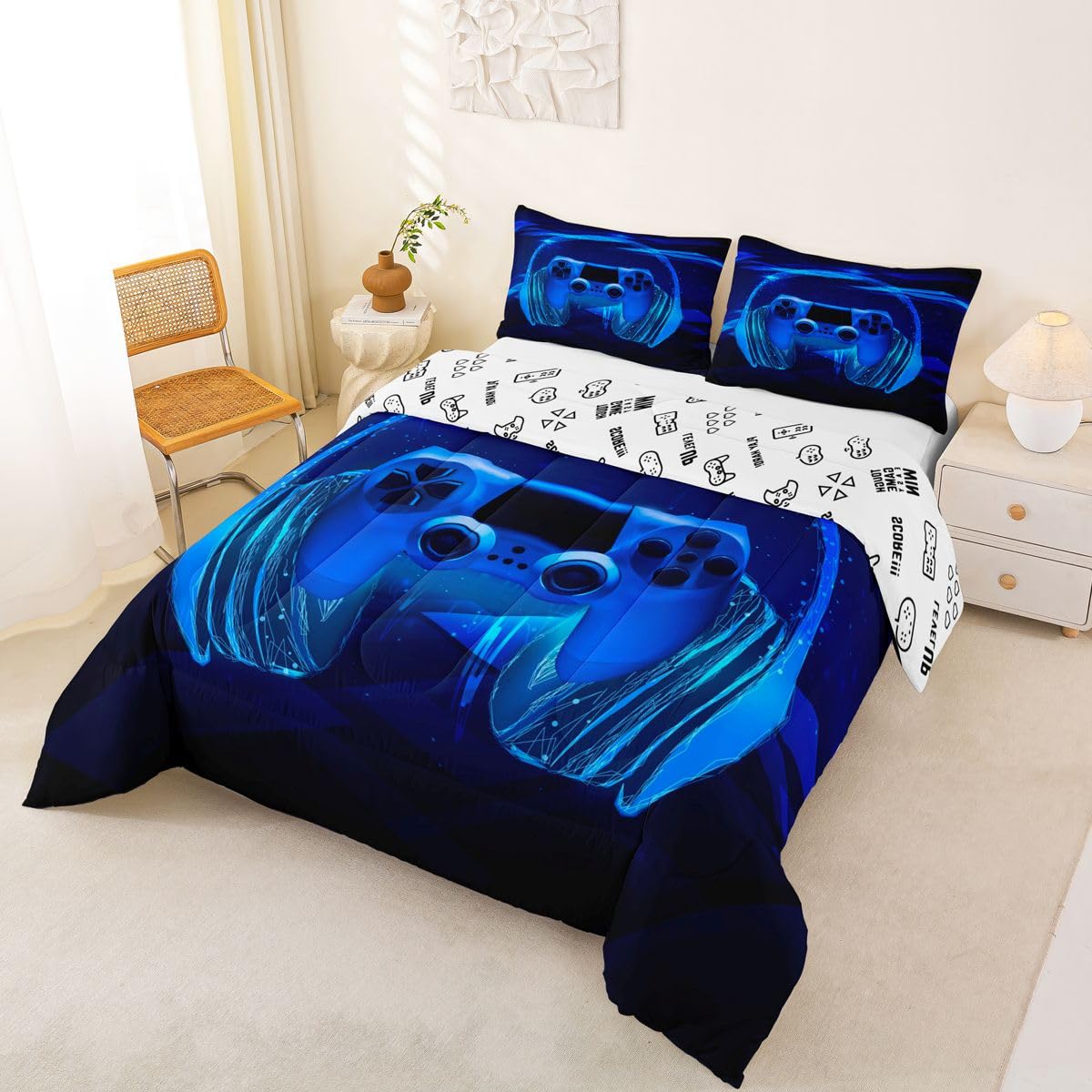 Feelyou Gamer Bedding Set Kids Video Game Gamepad Comforter Set for Boys Teens Gaming Headset Comforter Breathable Blue Game Controller Duvet Set Room Decor Quilt Set Twin Size