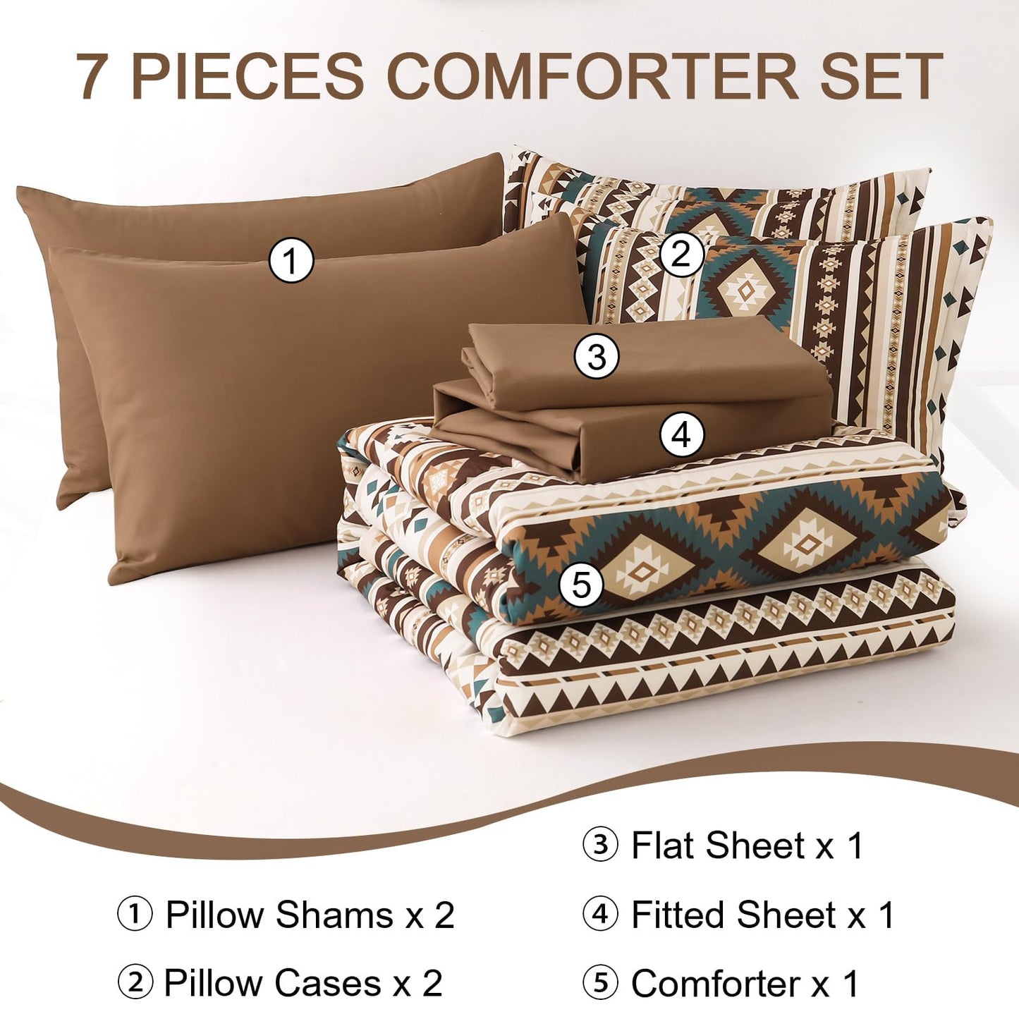Dinjoy Brown Boho Comforter Set Queen Size,7 Pieces Bed in a Bag Queen Coffee Aztec Bedding Sets with Sheets Bohemian Geometric Striped Complete Set for All Season 90"x90"