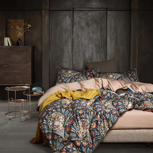 Cupocupa Queen Duvet Cover Set, Modern Industrial Luxury Bedding with Zipper Closure & Corner Ties, Soft Breathable Navy Teal Orange Floral Comforter Cover for Bedroom Guest Room Vintage Paisley