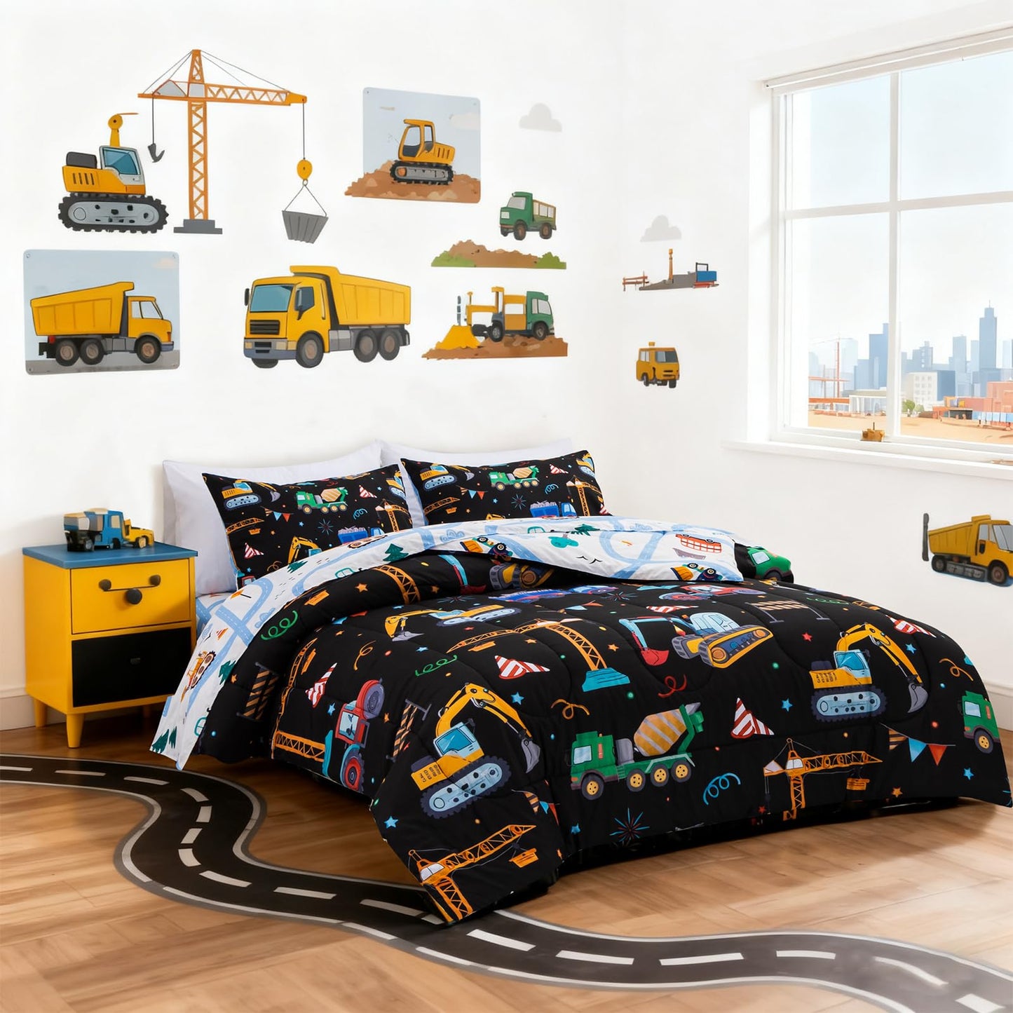 Holawakaka Trucks Tractors Cars Boy Bedding Comforter Set with Sheets, Twin Size Cartoon Construction Car Excavator Print Kids Bed in A Bag 5-Piece, Boys Reversible Dorm Bed Sets (Black Twin)