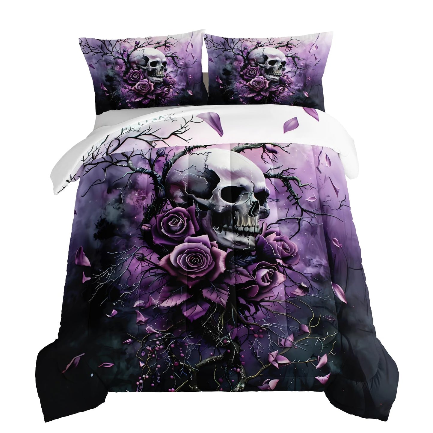 HOSIMA Death Skull Queen Bedding Sets,Skull Surrounded by Flowers Print Gothic Comforter Set,Branch Pattern Horror Themed Halloween Comforter for Women Girls Room Decor with 2 Pillowcases.