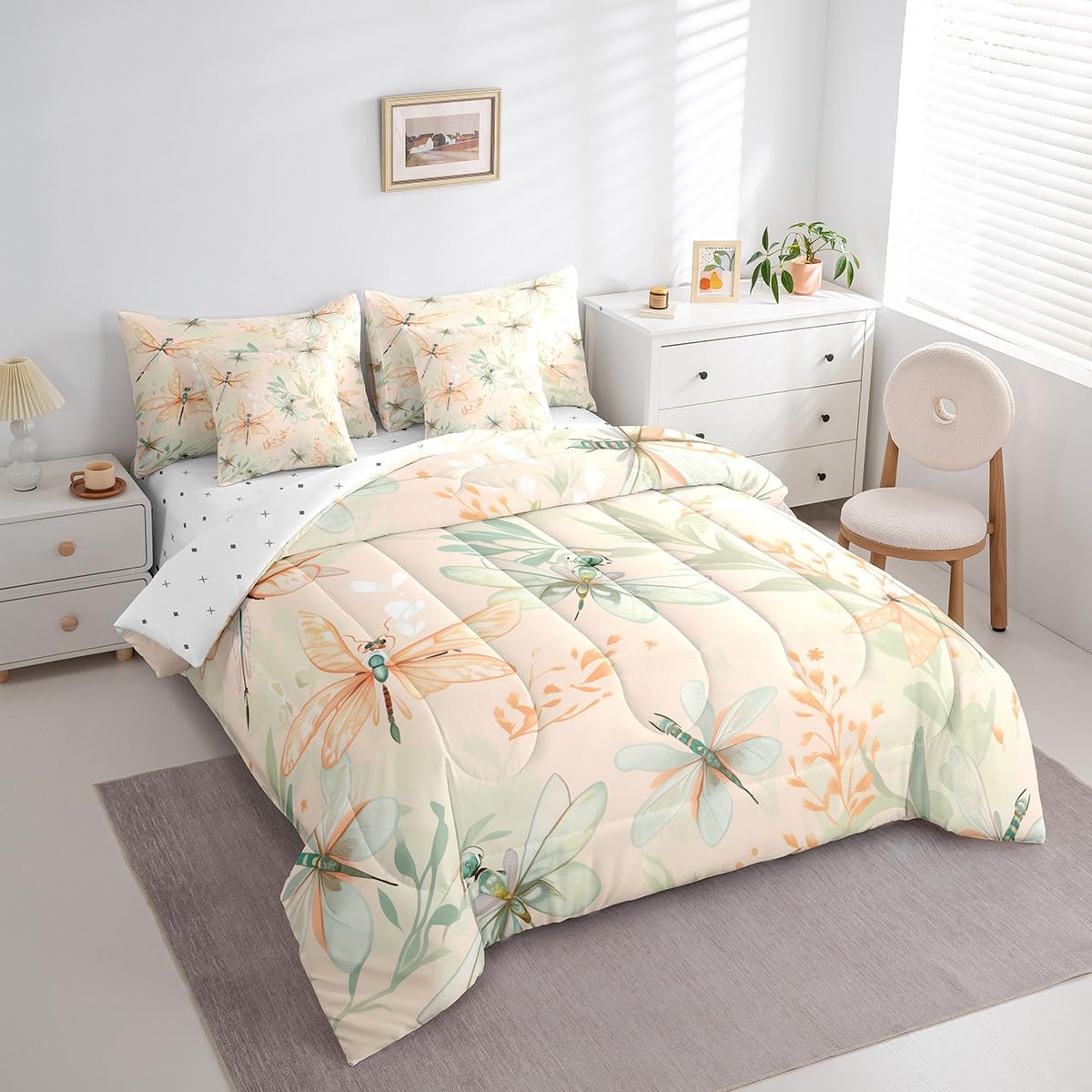 Erosebridal Dragonfly Full Bedding Sets 7-Piece Chic Animal Comforter Set Green Plants Comforter Set with Sheets Spring Theme Bed in A Bag,Beige Bed Sheets Set Butterfly Kids Girls Room Decor
