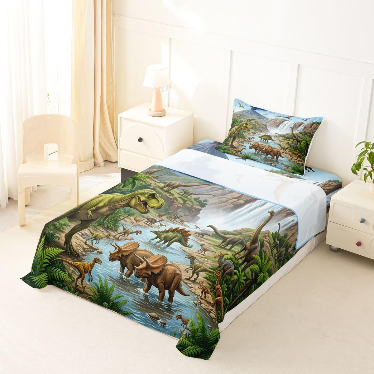 Feelyou Dinosaur Bed Sheets Sets Twin Size Kids Boys Girls 3D Digital Print Bedding Set Jungle Dino Bed Sheet Set with 16-Inch Deep Pockets Wild Animal 3Pcs with 1 Pillow Cases Green Blue and White