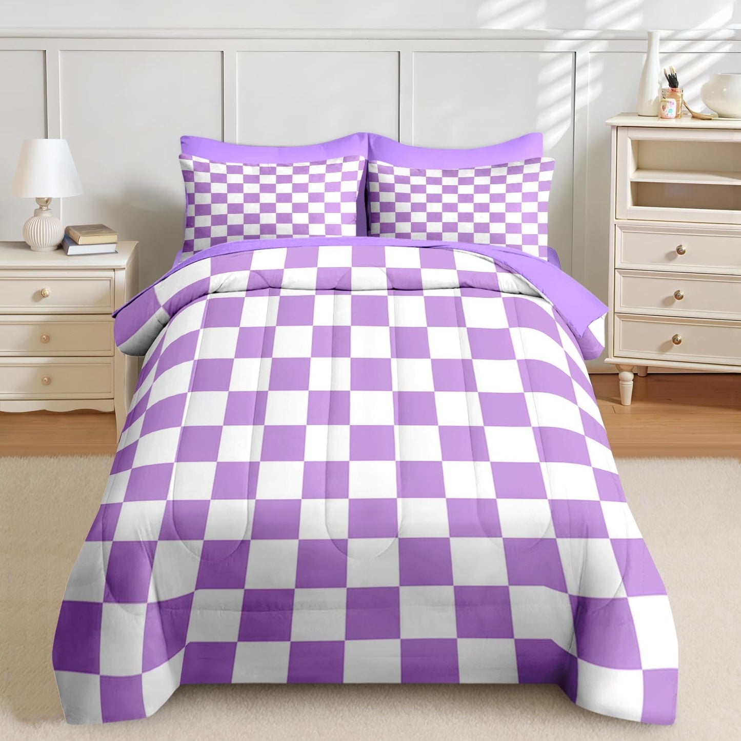 Nesker Comforter Set Queen Size, Purple Plaid Gingham 7 Pcs Bedding for Kids and Adults, Checkerboard Grid Bed Sheet Sets with Fitted Sheet 2 Pillowcases & 2 Shams