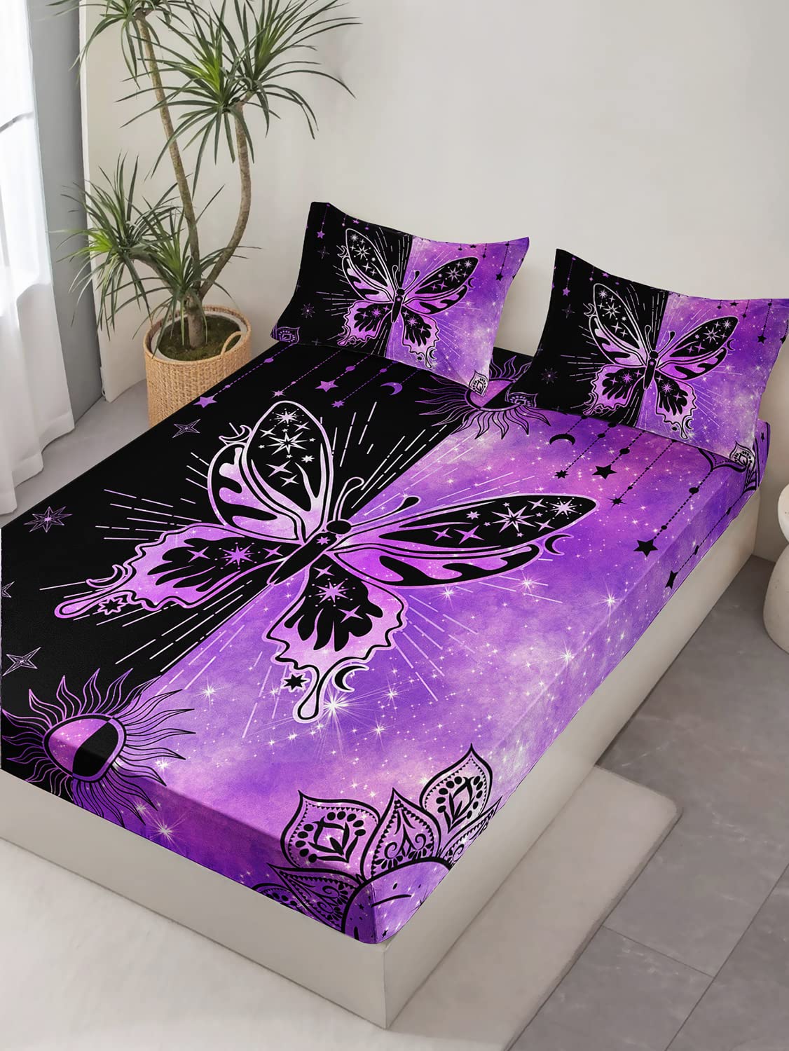 HOSIMA Butterfly Twin Fitted Sheet Set, Microfiber 3 Piece Twin Bedding Sets Starry Sun Mandala Fitted Sheet for Kids Teens, Bohemian Aesthetics Room Decor