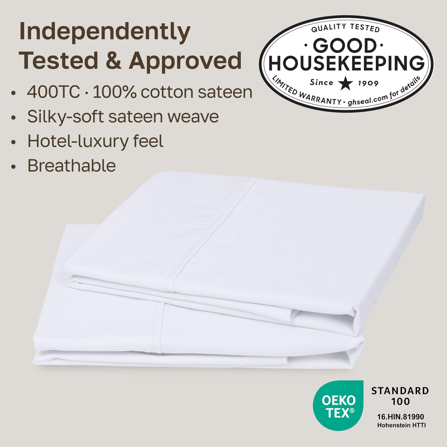 California Design Den Standard Queen Size Pillowcase Set - 400 Thread Count, 100% Cotton Sateen, Set of 2 Pillow Covers, Soft and Breathable - Bright White