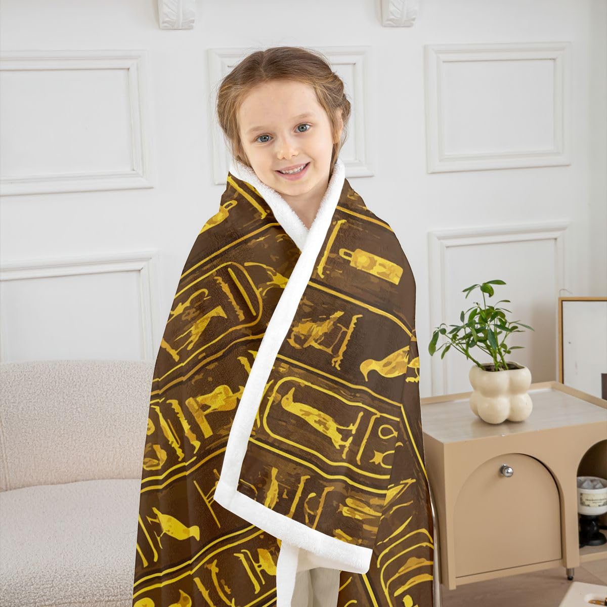 Ancient Egypt Fuzzy Blanket Egyptian Wall Pattern Sherpa Blanket for Sofa Bed Couch Ultra Soft Egypt Culture Fleece Throw Blanket Tribal Bed Decor Fuzzy Blanket Throw 50"x60"