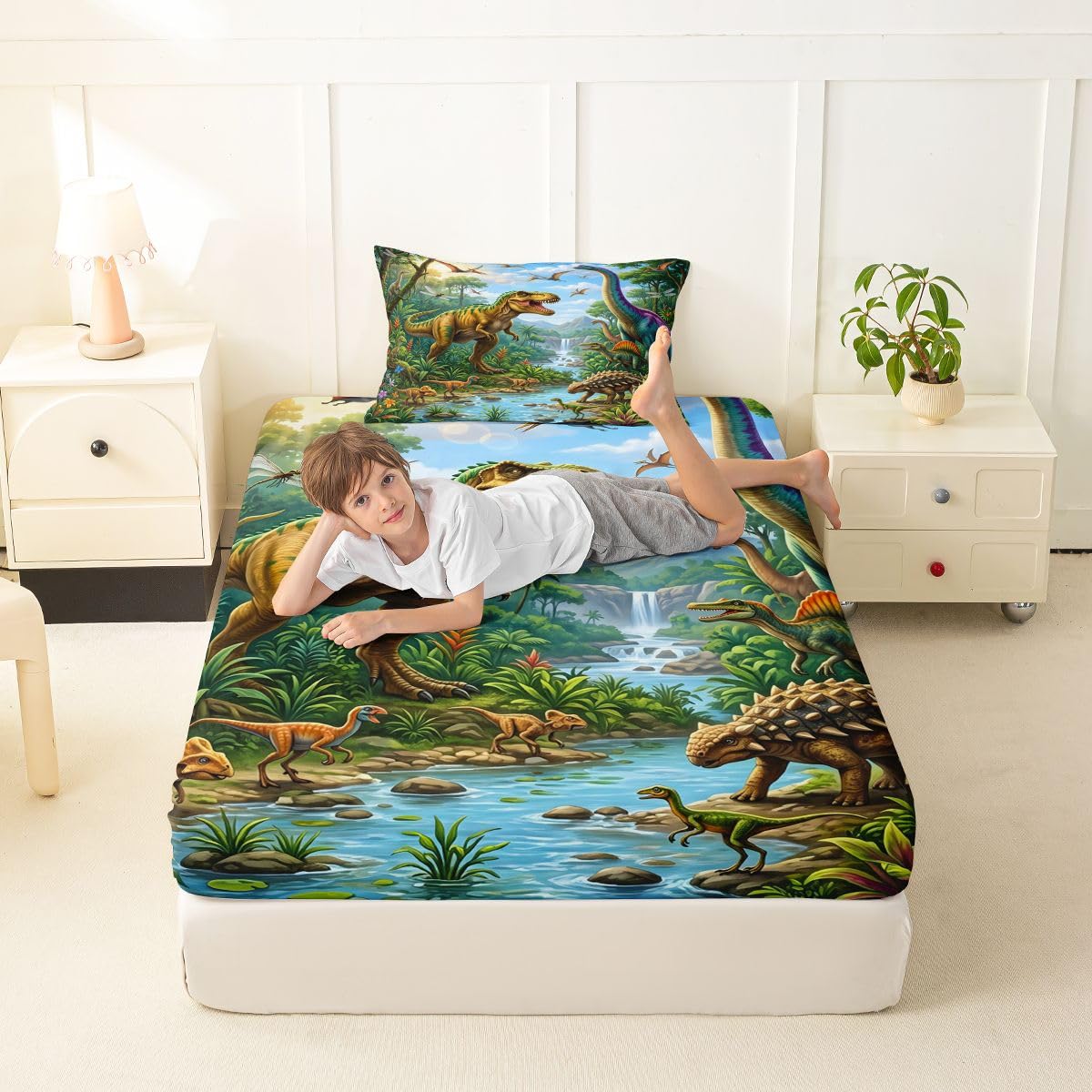 Feelyou Dinosaur Bed Sheets Set Twin Size 3D Digital Print Bed Set Jungle Dino Deep Pocket Fitted Sheet Wild Animal Breathable Soft Lightweight Microfiber Blue White Green Yellow