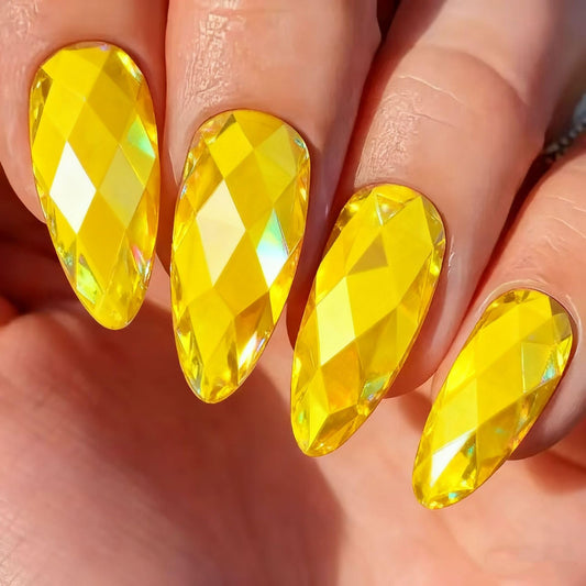 RUOKEXIN Almond Press on Nails Medium Length Fake Nails Gold Chrome False Nails with 3D Rhombus Designs Full Cover Nail Press ons Sparkly Artificial Nails for Women 24Pcs