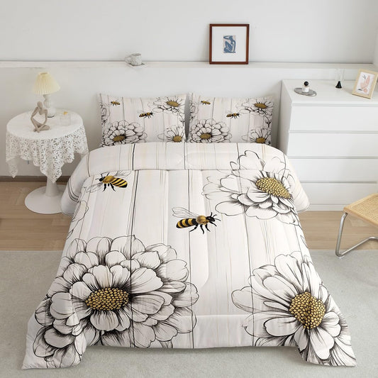 Feelyou Bee Comforter Set Queen Size Cute Bee Sunflower Bedding Set for Kids Boys Girls Garden Floral Flowers Decor Comforter Honey Cute Animal Duvet Set Bedroom Quilt Set