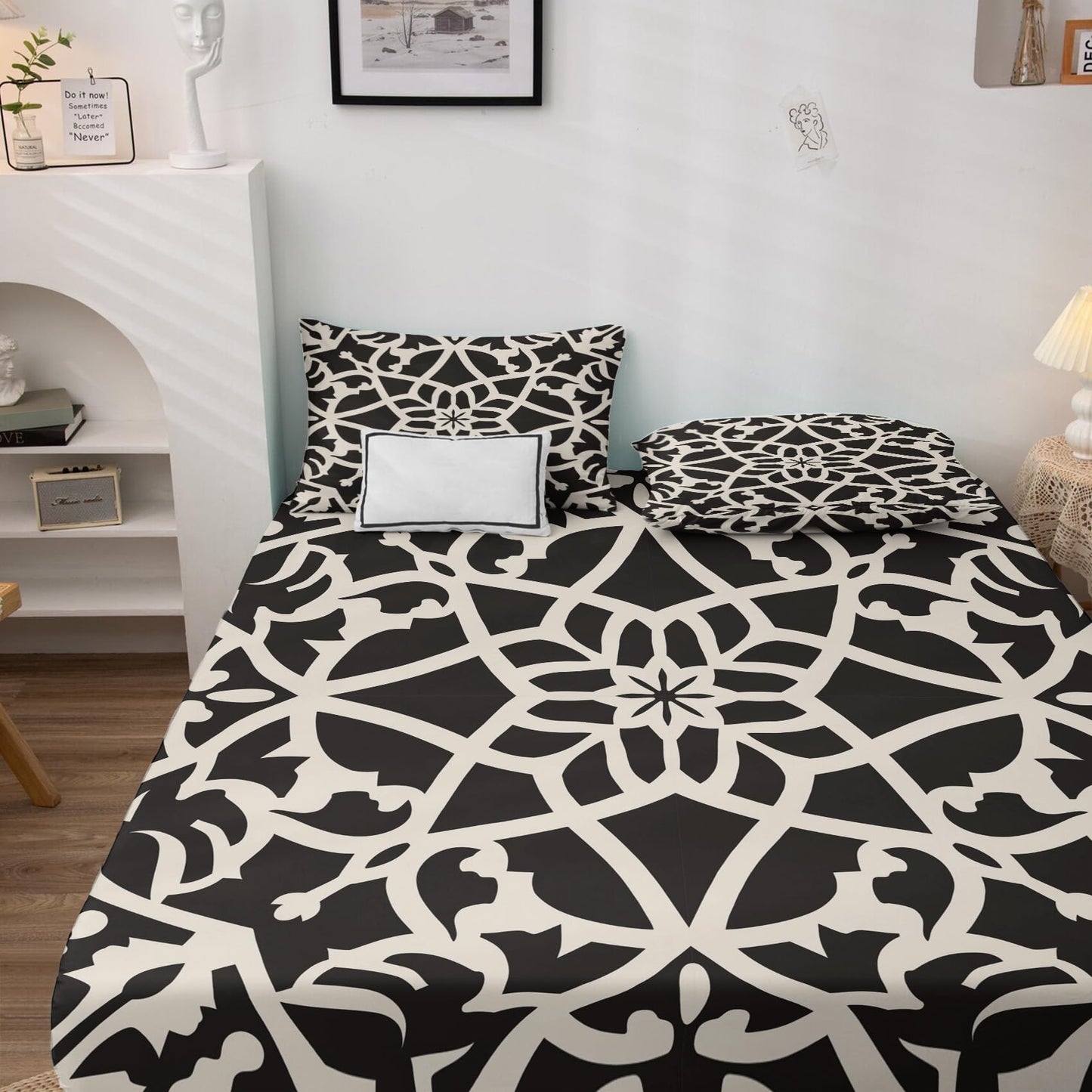 NOGAWA Abstract Black and White Sheets Queen, Vintage Ethnic Bed Sheets, Deep Pocket & Soft Microfiber Bedding Sheets & Pillowcases 4 Piece - Fitted Sheet & Flat Sheet & 2 Pillow Cases