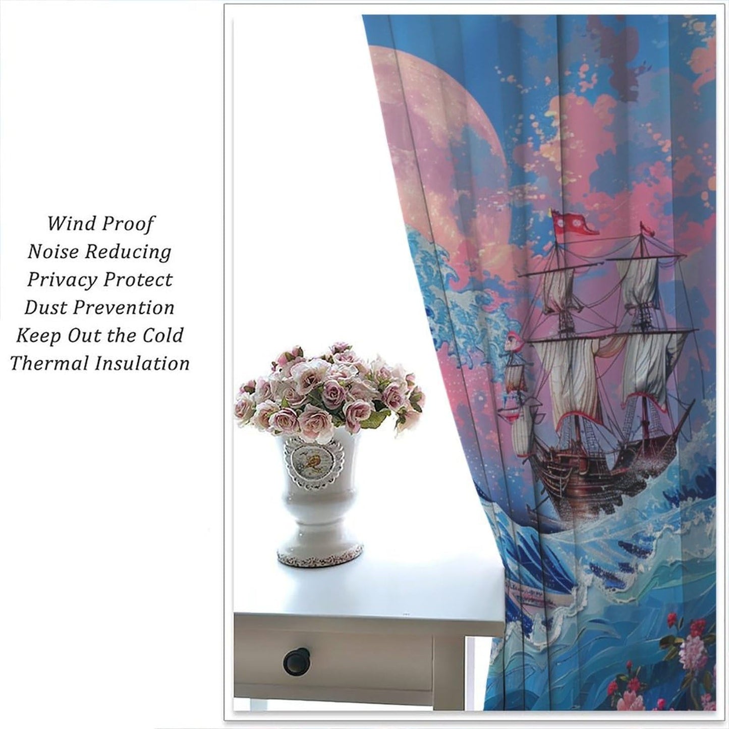 TOWINSFB Asian Sea Wave Blackout Curtains, Nautical Old Ship Floral Moon Home Decor Rod Pocket Window Drapes for Living Room Bedroom- 2 Panels, Each 21" W x 63" L
