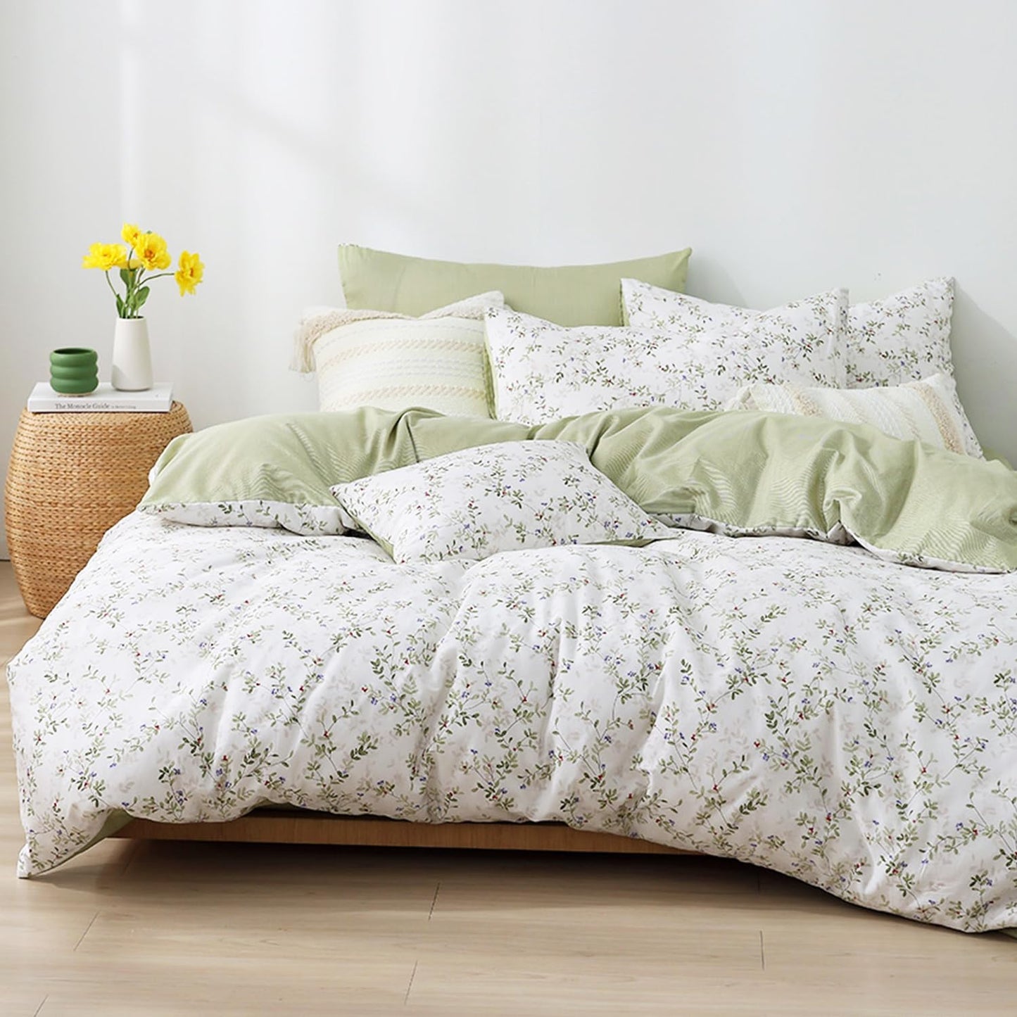 LEMIROE Botanical Cotton Comforter King Size - Tender Green Comforter Printed with Leafy Branches & Purple Stamens on Off-White,Reversible Lightweight Bedding Sets 3Pcs