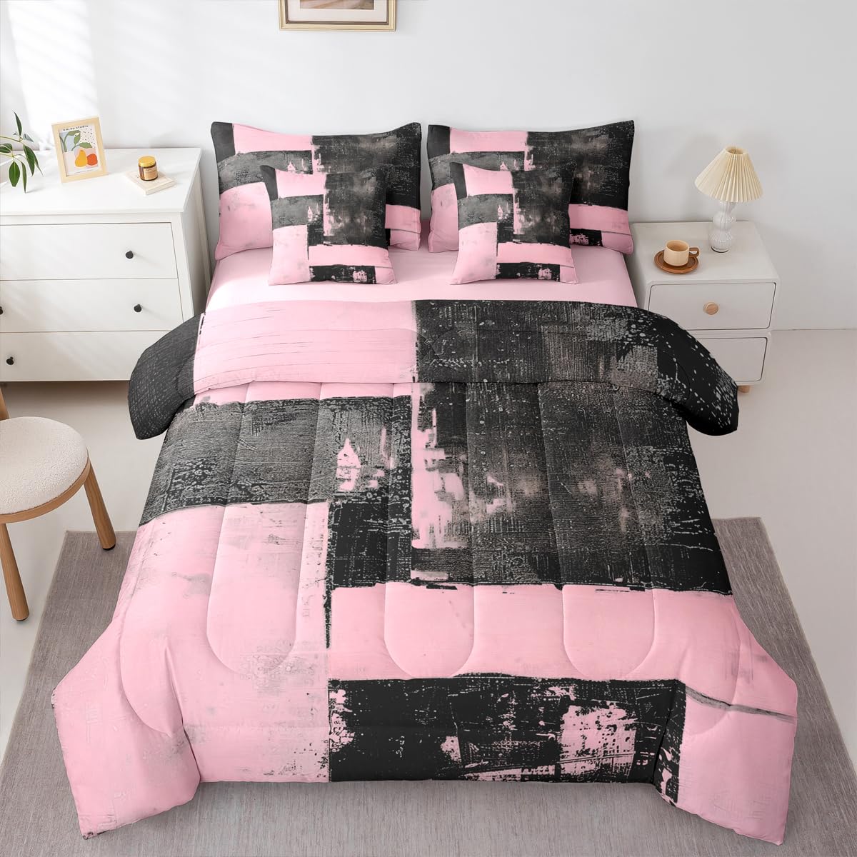 Feelyou Abstract King Comforter Set with Sheets for Kids Boys Girls Modern Abstract Art 7 Pieces Bedding Set Luxury Bed in a Bag Geometric Room Decor Black Pink Soft Lightweight Microfiber