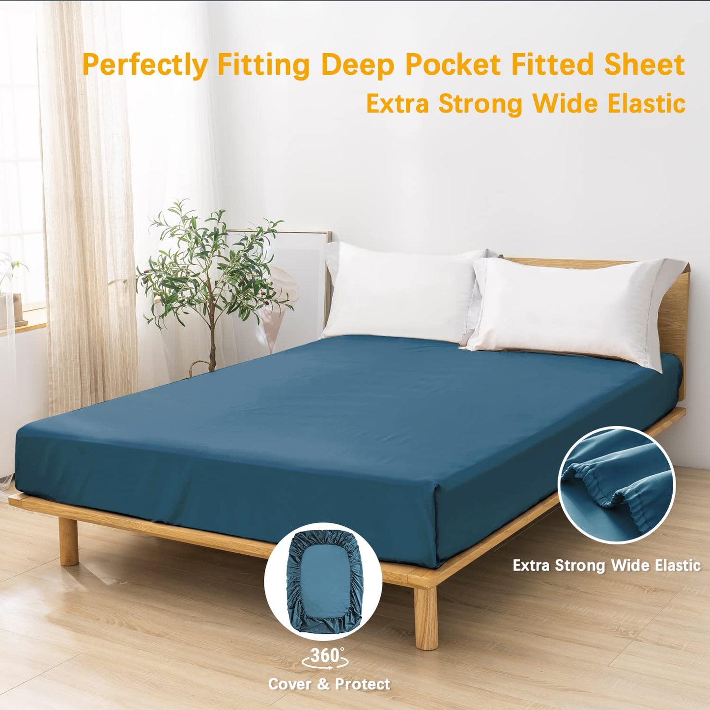 MILDLY Deep Pocket Fitted Sheet Only Queen Size 60"x80" 100% Long Staple Cotton Grayish Blue Breathable Bottom Sheet Fits Up to 14" Deep Mattress