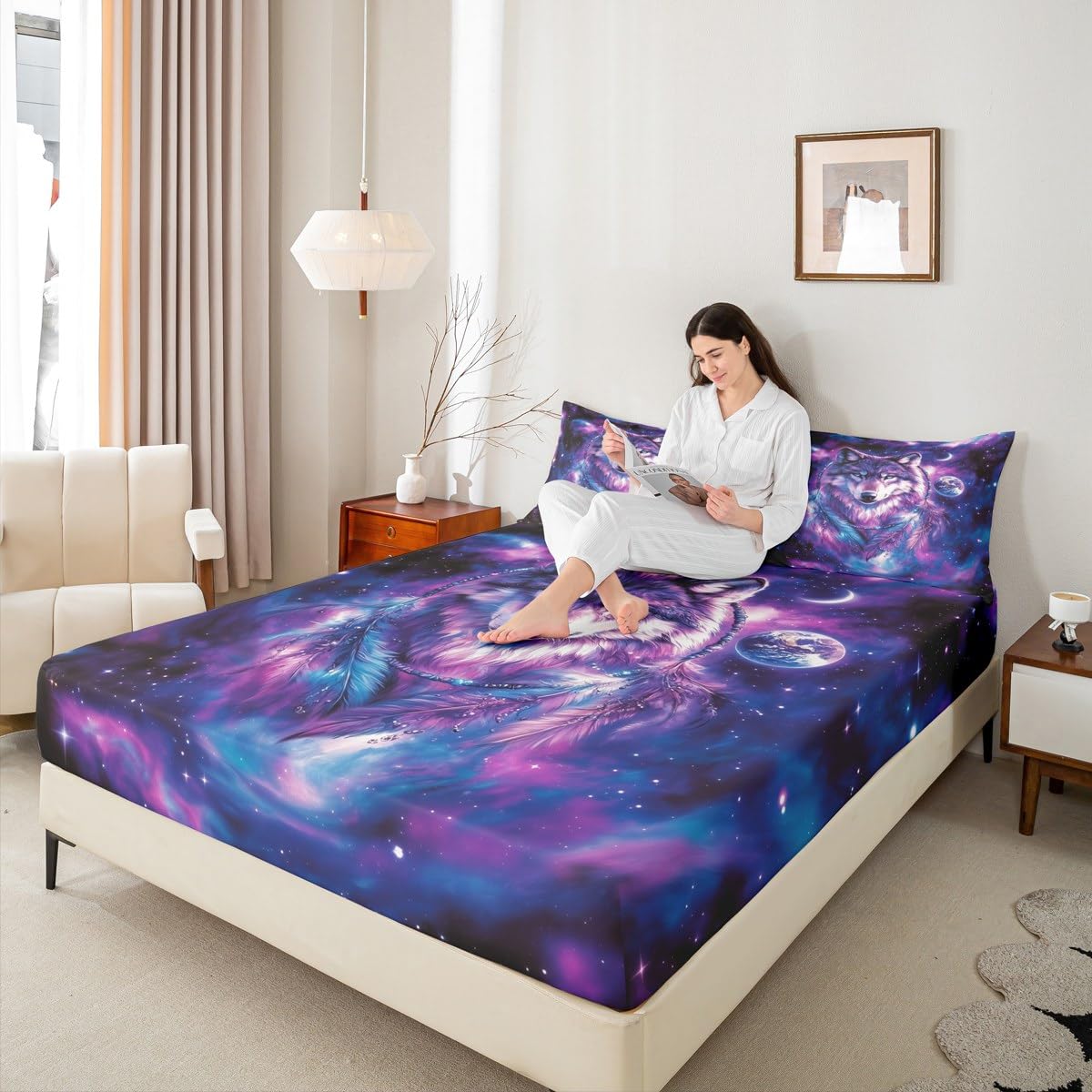 Erosebridal Full Wolf Bed Set Tribal Animal Bed Sheets Set Bohemian Feather Wildlife Flat Fitted Sheet for Kids Adult Women Men Starry Sky,Purple Bedding Sets for Bedroom Decor with 2 Pillow Cases