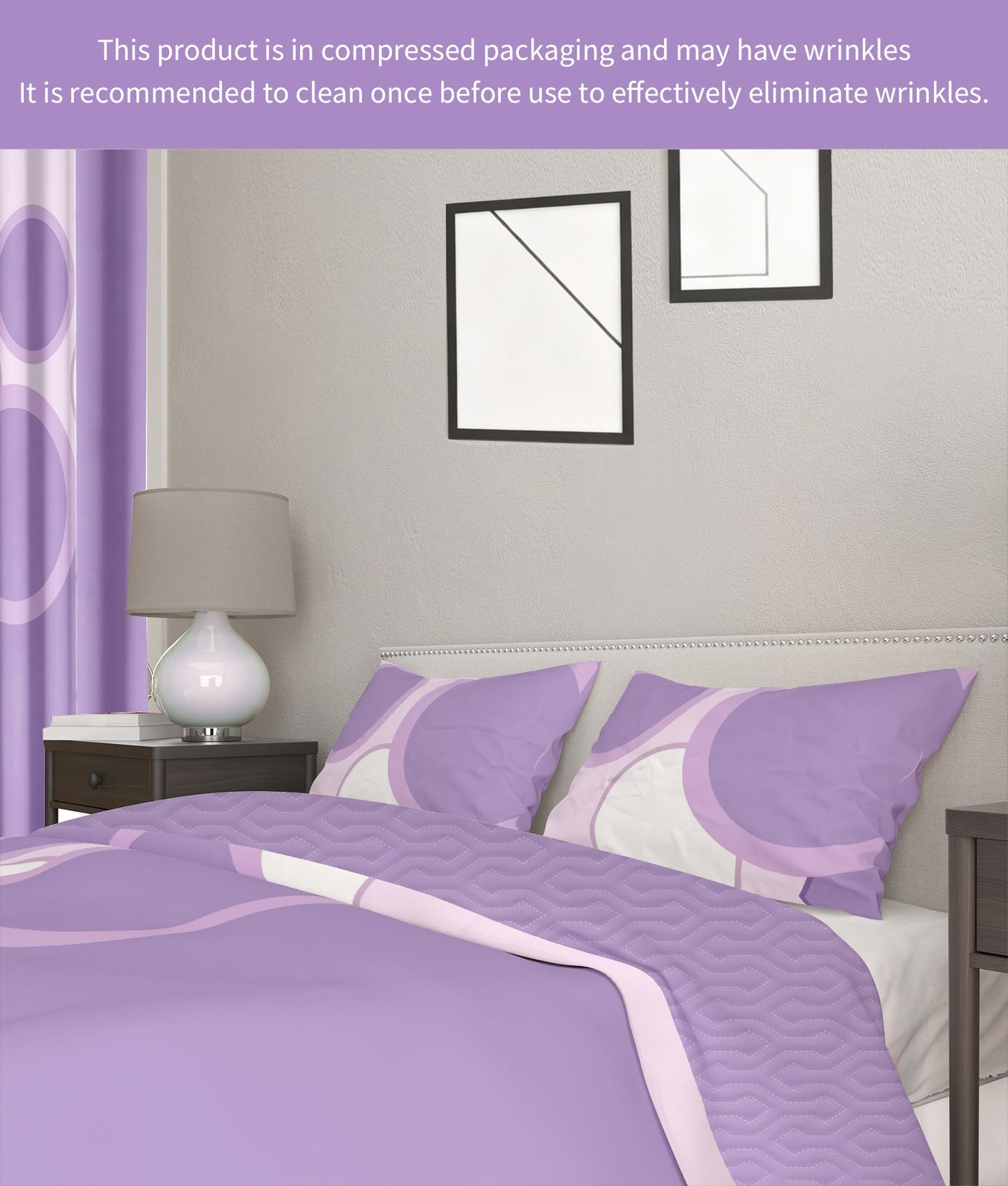 Hercastlè 9pcs Wrinkle-Resistant Microfiber Bedspread Lightweight Comforter Set and Pillowcases with Matching Coordinated Curtains Bed Cover Bedding Sets in a Bag Queen Size Violet Pink Round Graphic