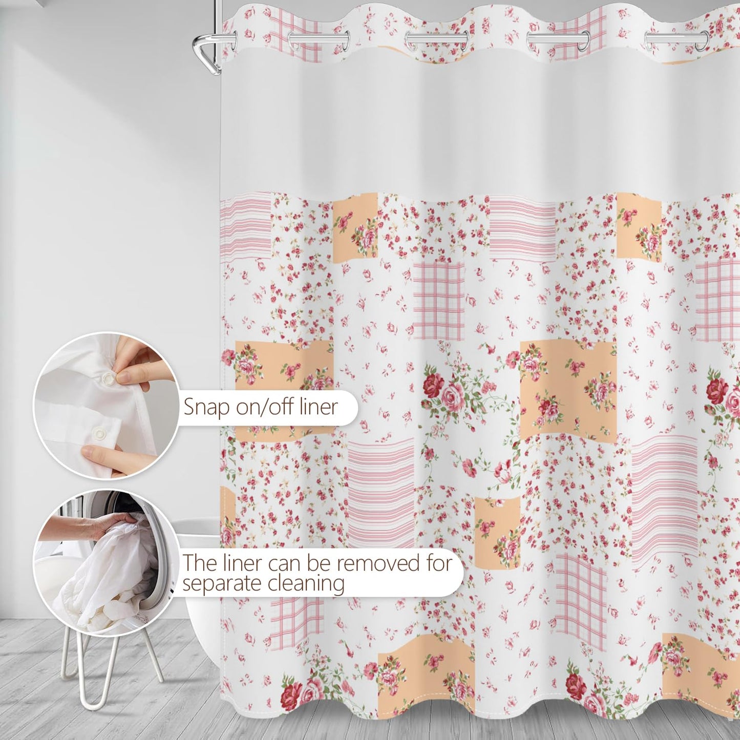 No Hook Shower Curtain with Snap in Fabric Liner Set, Waterproof & Washable, Patchwork Pink Rose Floral Shower Curtains for Bathroom, Farmhouse Rustic Flower Bathroom Curtain, House Gift, 71x74 inch