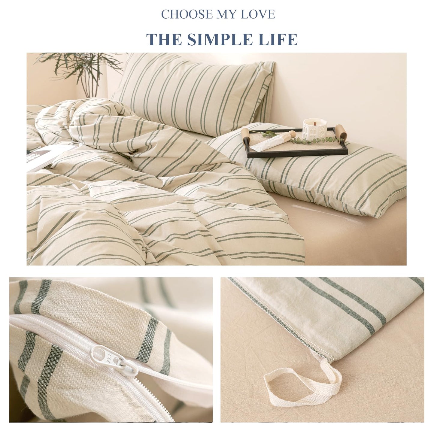 VM VOUGEMARKET Striped Duvet Cover Set Queen Beige 100% Washed Cotton Bedding Set,Grey Green Vertical Ticking Stripes Pattern Comforter Cover with Zipper Closure (3pcs, Queen Size)