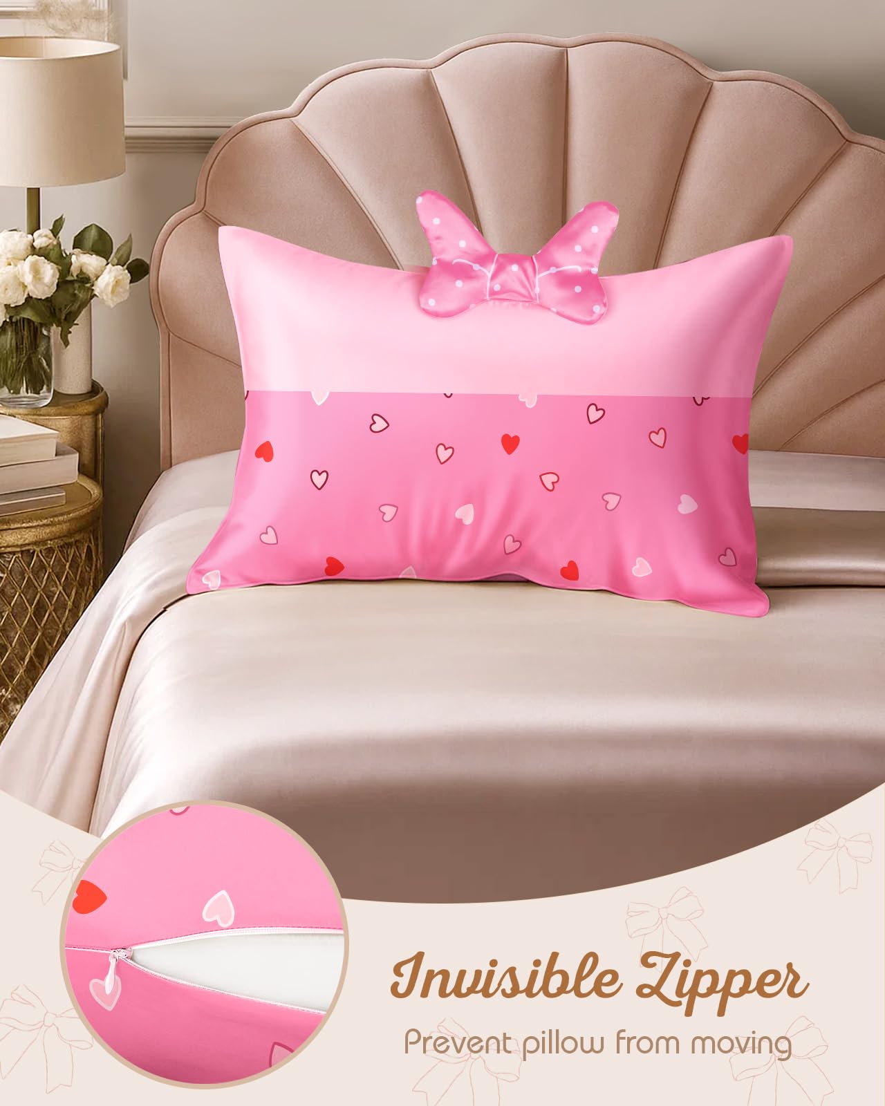 Miss Adola Kids Pillowcases Standard Size 20"x26" - Cute Cartoon Soft Breathable Silk Pillow Cases for Hair and Skin with Hidden Zipper for Women Girls Fun Kawaii Design for Bedding, Point Bow