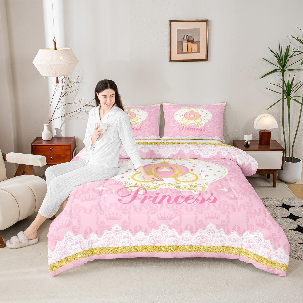 Homewish Girls Pink Theme Twin Size Comforter Set,Kids Carriage Decor All Season Bedding Set,Teens Princess Style Comforter,Children Cute Cartoon Decor Quilt Set Bedroom Collection 2Pcs