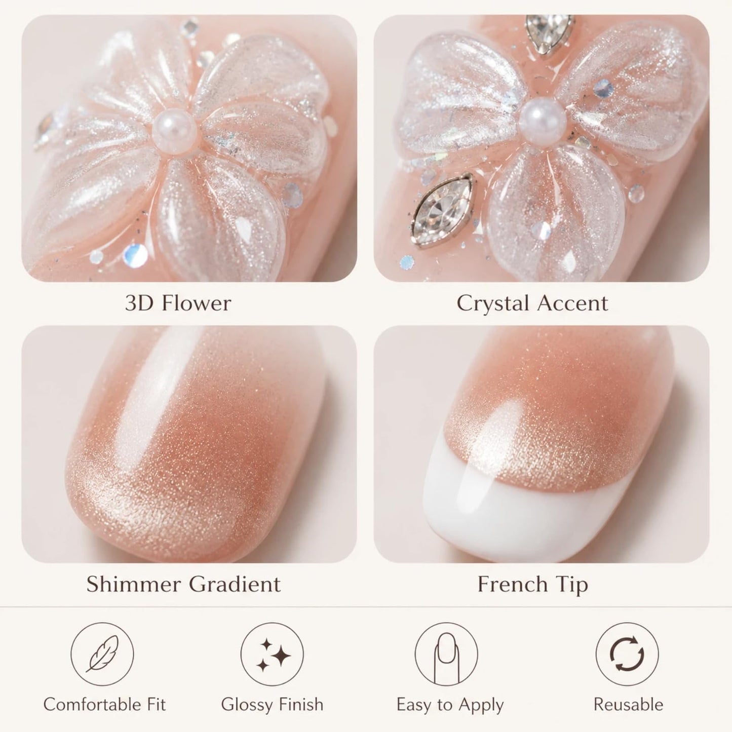Tesytto Short Oval Press On Nails, Nude Cat Eye Gradient False Nails with White French Tip & 3D Sheer Flower, Reusable Glossy Fake Nails (Gold Shimmer Crystal,M)