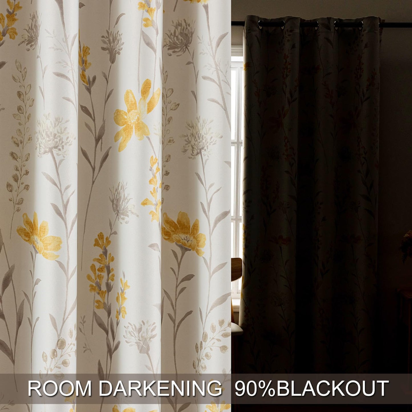 SUOUO Yellow Floral Blackout Curtains for Bedroom 84 inches Long Patterned Grey Leaf Thermal Insulated Window Drapes for Living Room 2 Panels