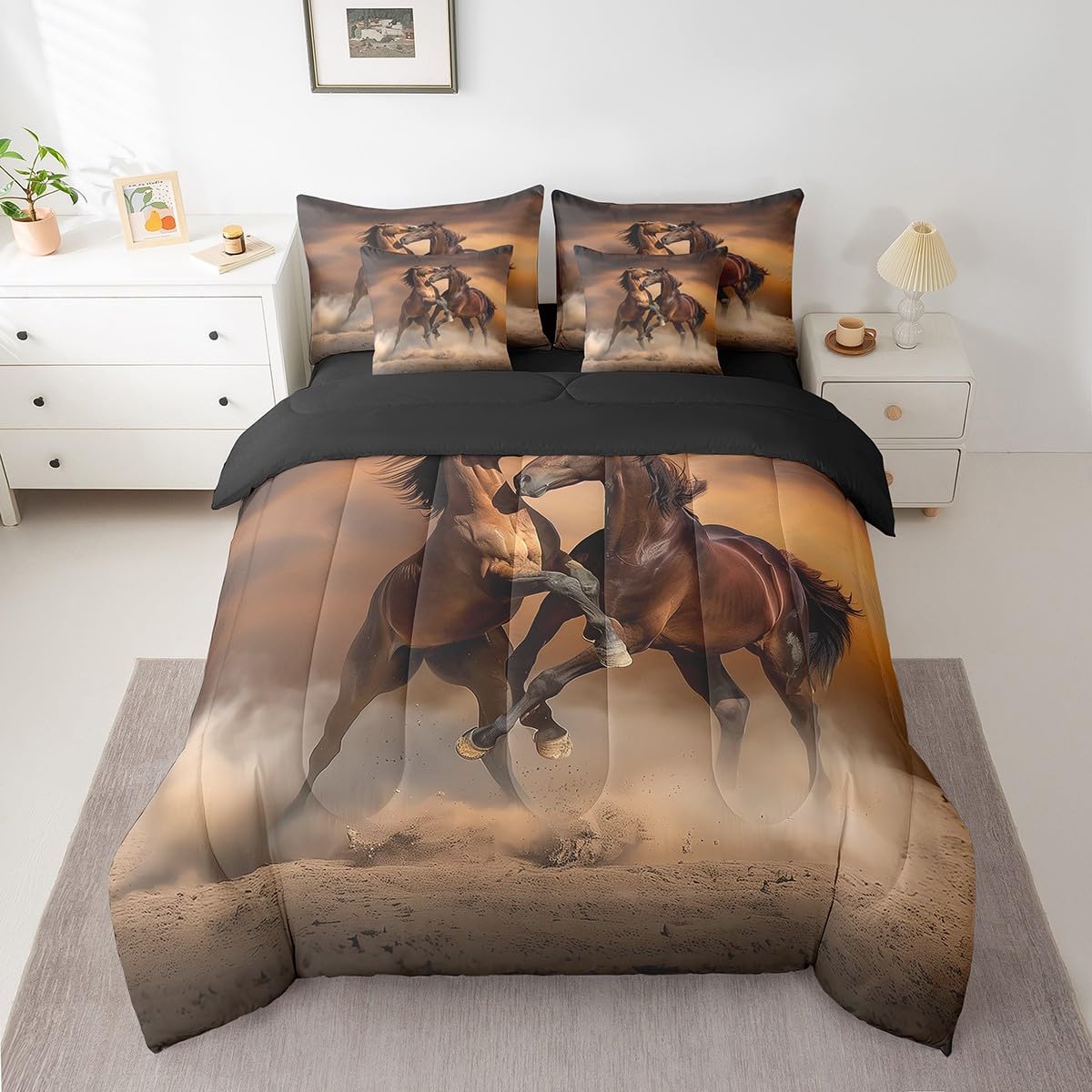 Erosebridal Horse Quilt with Flat Fitted Sheet 7 Piece Twin 3D Horse Printed Bedding Sets Farmhouse Wild Animal Pattern Comforter Set Funny Horse Battle Theme Bed in A Bag for Kids Boys Teens,Brown