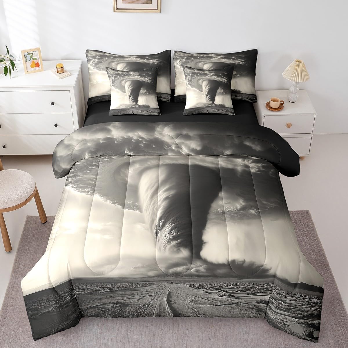 Erosebridal Tornado 7 Pcs Comforter Set Queen Size,Natural Disaster Bed in a Bag with Flat Sheet and Fitted Sheet for Kids Teens Adult,Horror Theme Bedding Set with Pillowcase and Sham Reversible